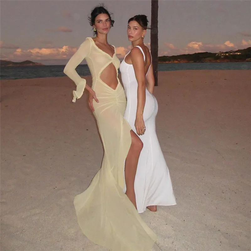 Vestido de malha conciso feminino manga longa corte shirring assimétrico ver através vestidos femininos férias praia alta divisão vestidos