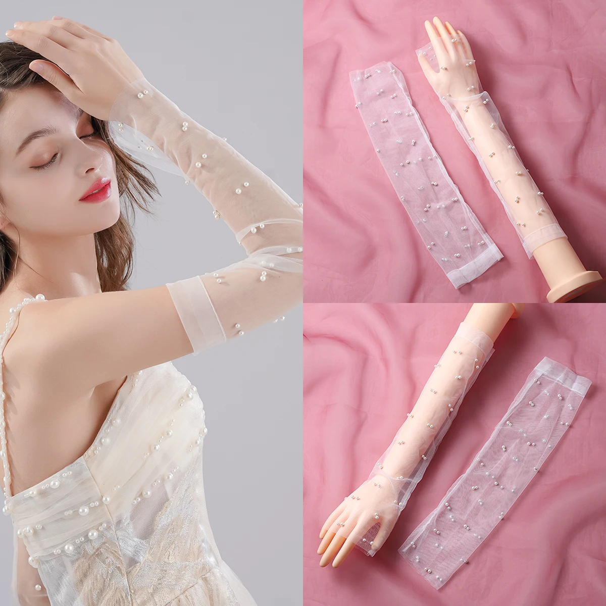 A pair of transparent fingerless elbow length gloves, suitable as accessories for bride weddings or women's dances