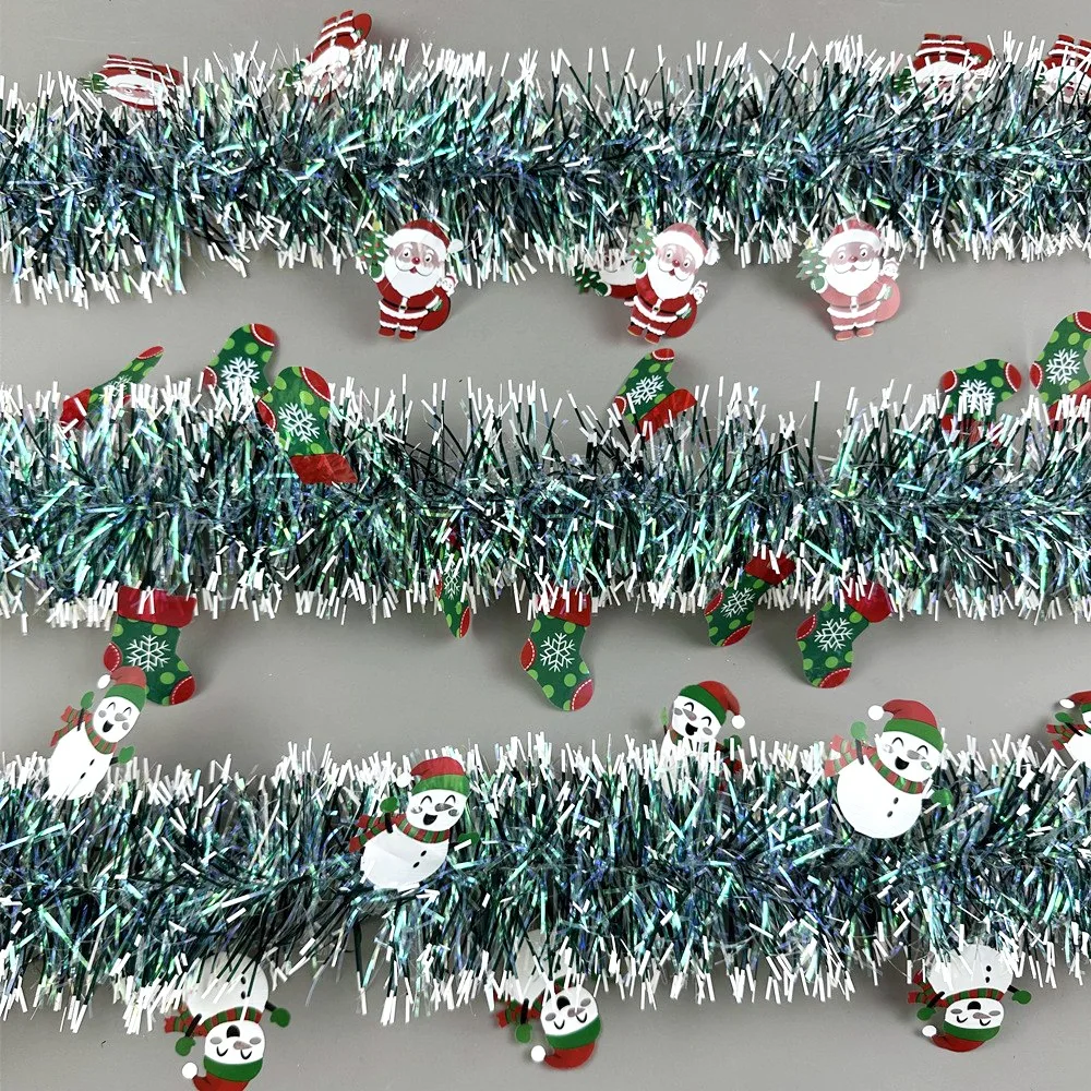 Guirnalda navideña verde de 2m, pino de Navidad, decoración de ratán, Papá Noel, muñeco de nieve, cinta de oropel, adorno de árbol de Navidad