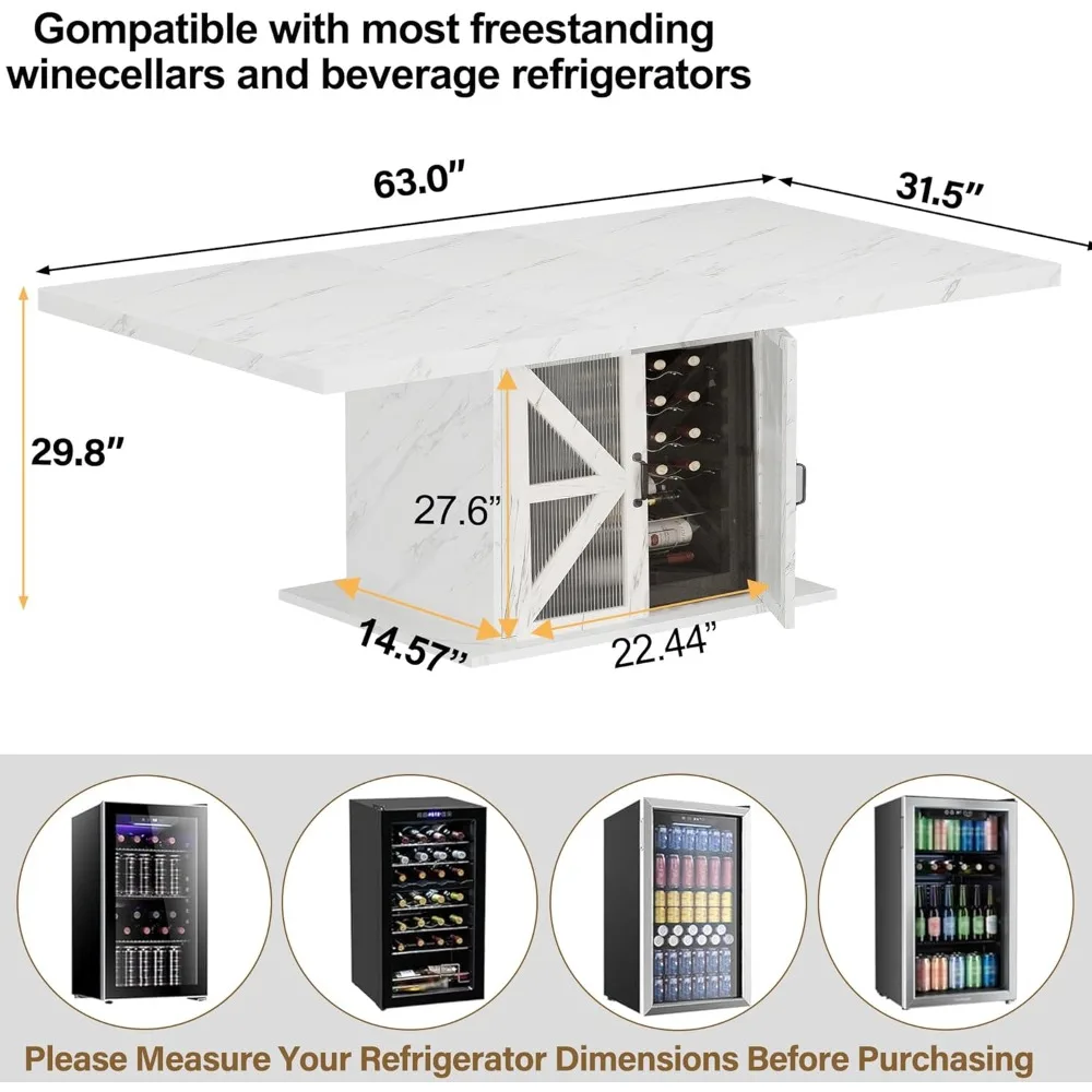 Mesa de jantar moderna LVB para 4 a 6, mesa de cozinha retangular branca com armazenamento, mesa de sala de jantar com pedestal de madeira com geladeira Sp