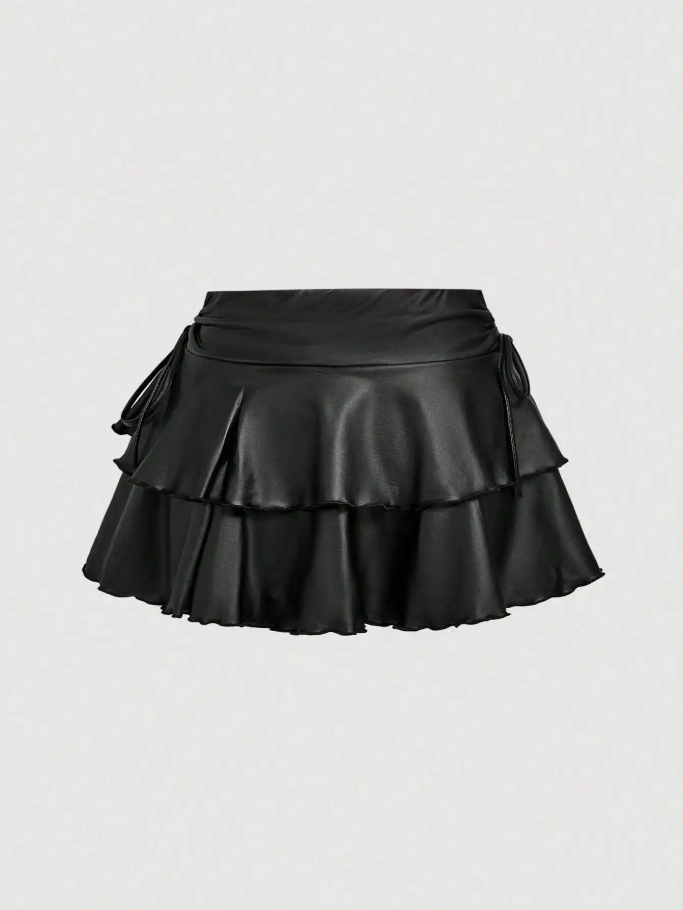 Black PU Drawstring Tie-Knot Skirt, Double Layer Ruffle Cake Mini, Goth 90s Y2K Autumn Party Festival Skirt for Women