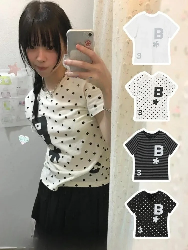 

Letter Wave Point Striped Print O-neck T-shirts 2025 Summer New Striped Tee Shirt Slim Fit Short Sleeve Top for Women