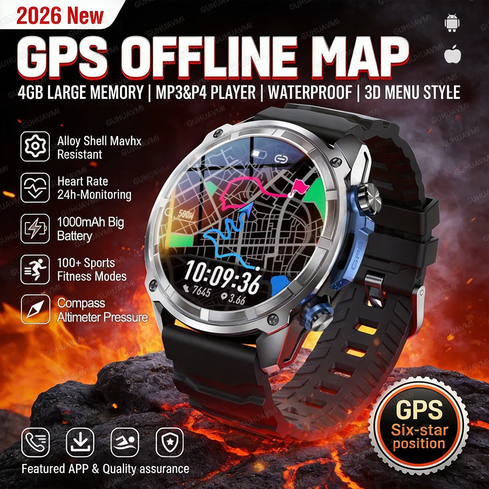 

Новые смарт-часы 2026 года с GPS и офлайн-картами для мужчин, 4 ГБ памяти, музыкальный и видеоплеер, водонепроницаемость 10ATM для плавания, смарт-браслет, аккумулятор 1000 мАч