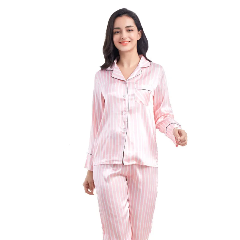 Imitation silk pajamas woman 2024 new striped casual home wear Korean thin long-sleeved pants suit can be worn outside