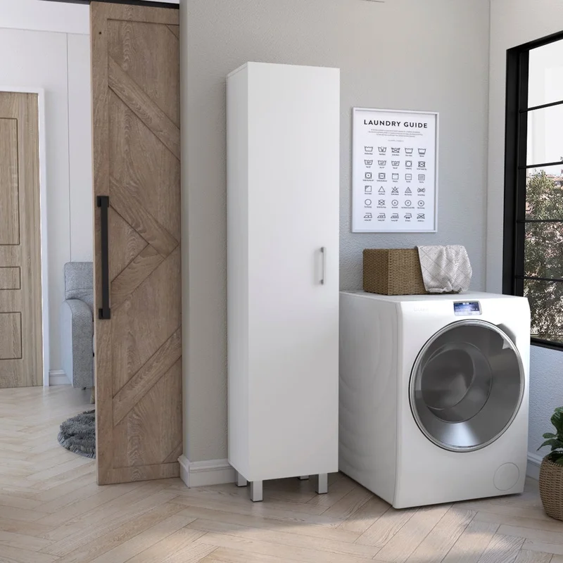 

White Metal Handle Storage Cabinet with Broom Racks