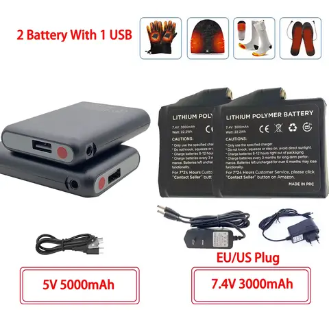 Calzini riscaldati invernali Batterie 7.4V 3000mah 5V 5000mah Batteria per moto Guanti caldi Vestiti Cappello Caricatore Accumulatori e caricabatterie di riserva