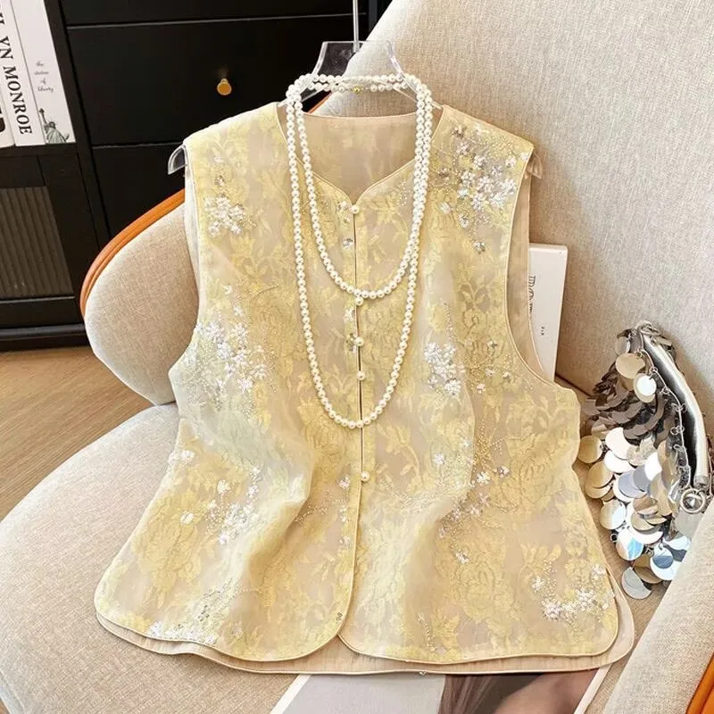 

Women Vest Fashion Spring and Summer Round Collar Sleeveless Waistcoat Loose Embroider Vest Jacket Joker Women Cardigan Top Coat