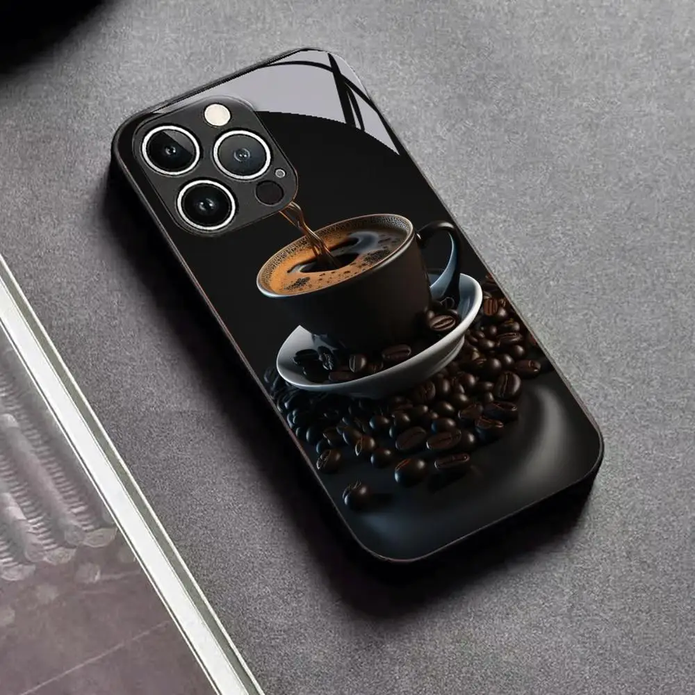 Coffee Tempered Glass Phone Case For iPhone 17 16 15 Pro Max 14 13 12 Plus Shockproof Hard Cover Phone Shell Black Wearproof