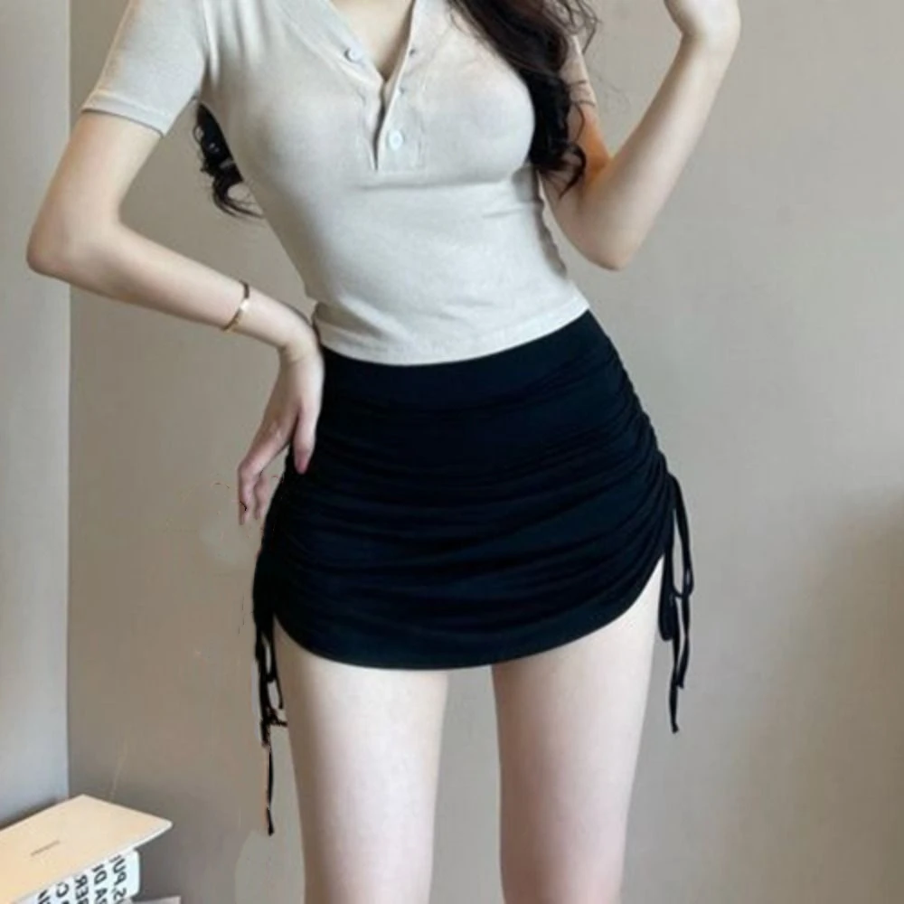 

A-line Pleated Short Mini Skirt High Waist Drawstring Skirt with Safty Pants Korean Style Slim Fit Lace Up Mini Skirts Lady