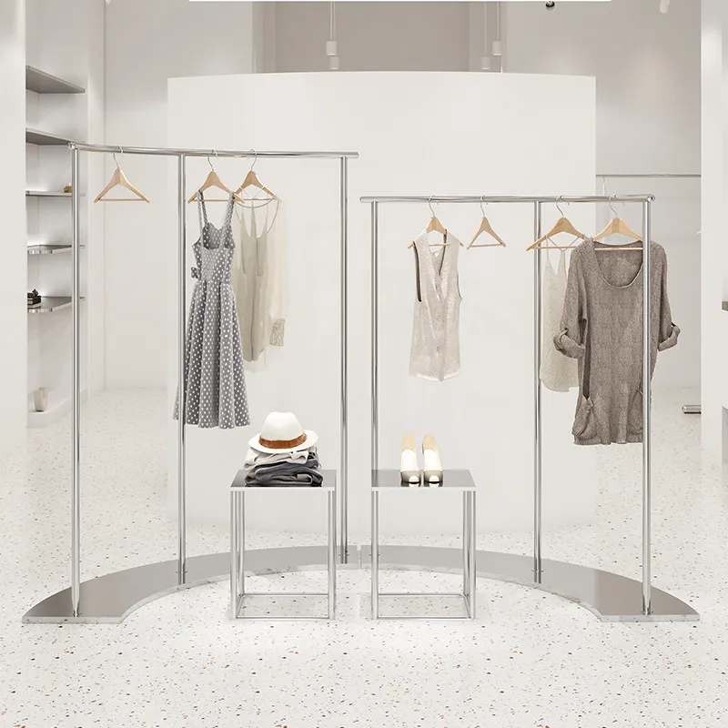 Stainless Steel Clothing Store Display Rack Silver Brushed Women's Clothing Store Curved Nakajima Window Clothes Shelf Display