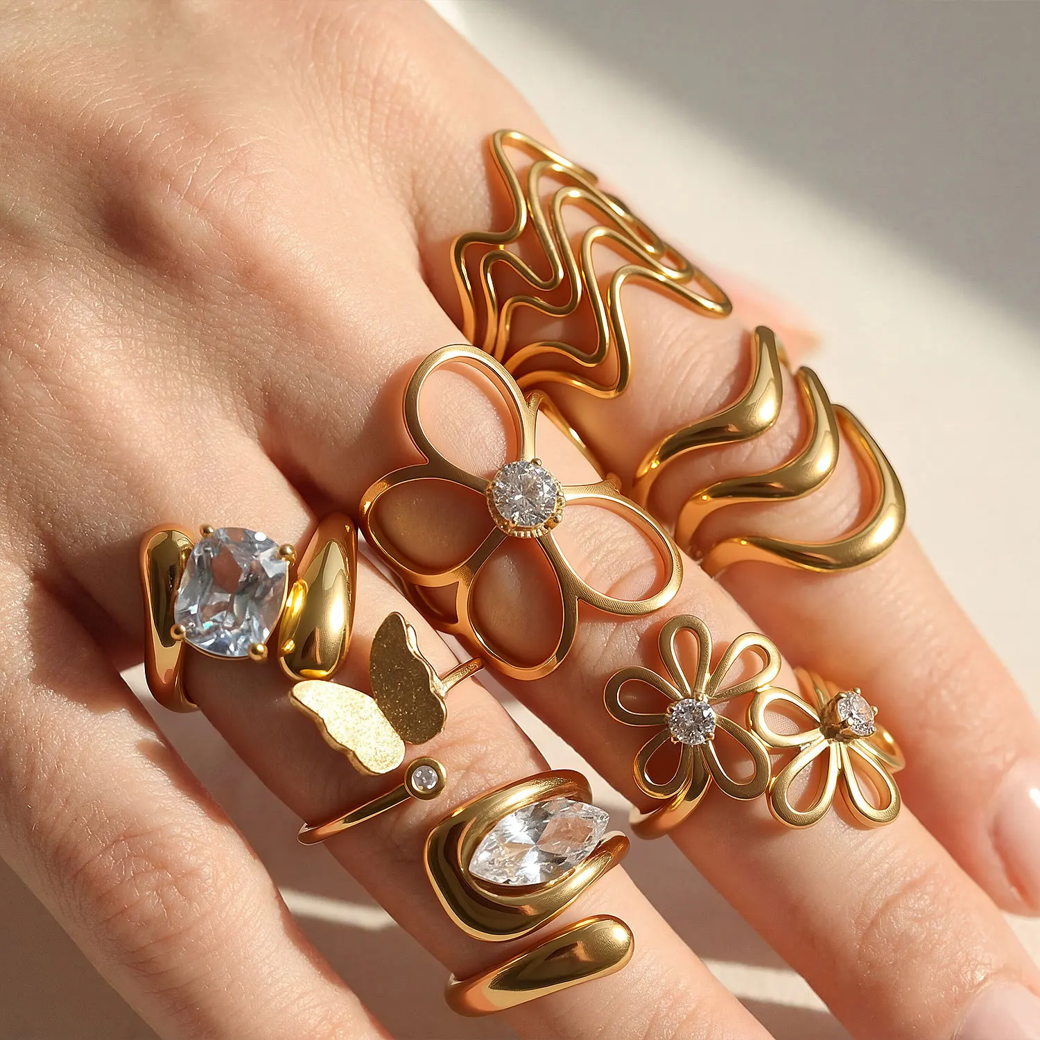 Ring Collection Stainless Steel Gold Plated Flower Open Adjustable Women Niche Design Premium Lightweight Daily Party Gift