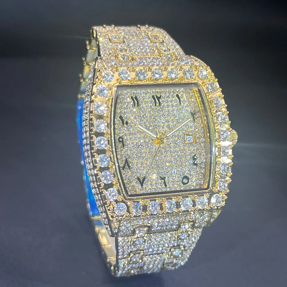 Luxury Iced Out Watch for Mens Brand MISSFOX Hip Hop Square Diamond Quartz Watch Fashion Sports Silicone Strap Tonneau Clock Man view 2