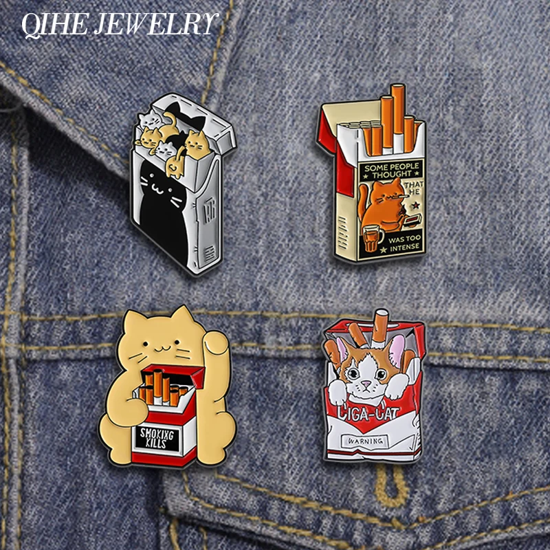 Cartoon Cat Cigarette Box Kitten Enamel Pins Warning Smoking Kills Brooch Backpack Lapel Badges Funny Jewelry Gift for Friends