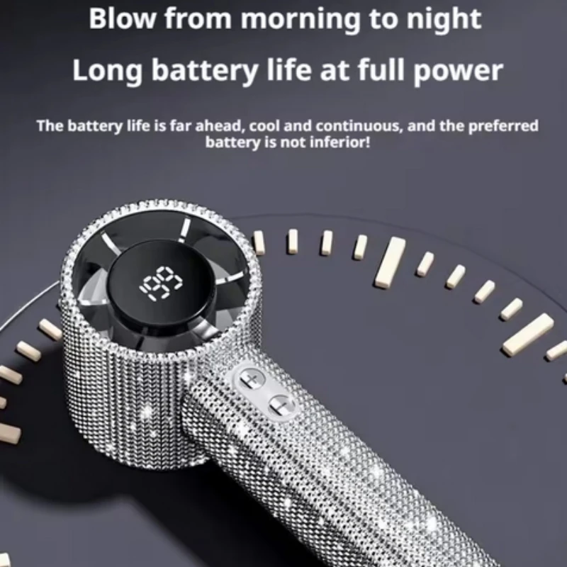 

Portable Handheld Fan Digital Display Cooling Gadget 199 Speeds Neck Hangable Rhinestone Hand Fan with Digital Display for Beach