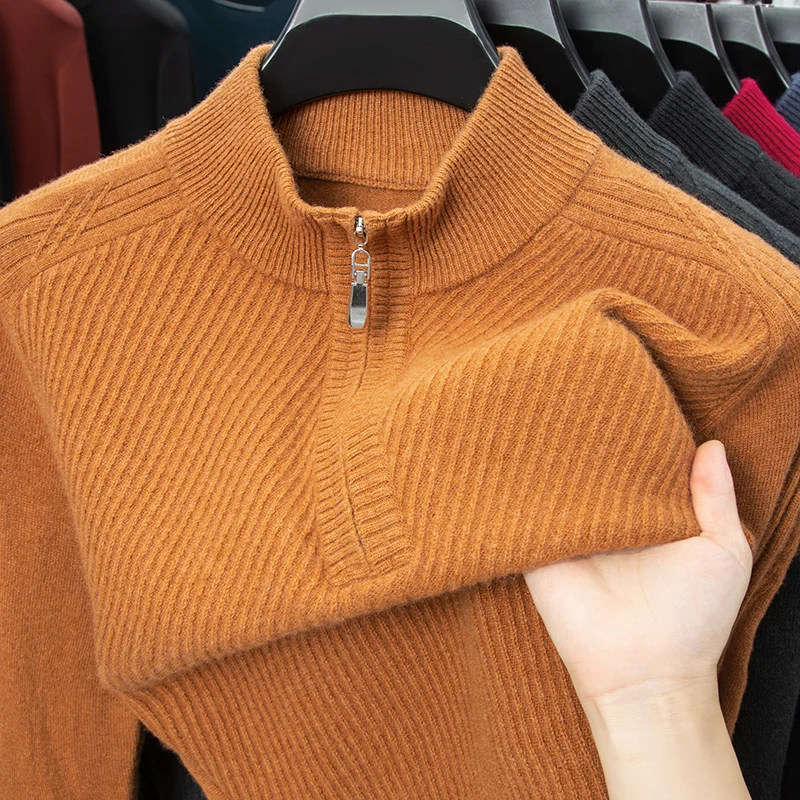 100% Wool Men's Luxury Sweater Thickened High Neck Half Zip Knitted Pullover Long Sleeve Autumn Winter Fashion Warm Casual Wear