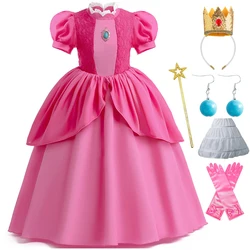 Princess Peach Chiffon Lace Girls Cosplay Dress Baby Kids Vestidos Party Dresses Carnival Halloween Costume for 3-11 years