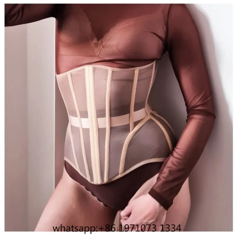 Women Abdomen Tight Corset Crops Under Bust Bustiers Breathable Mesh Waist Girdle With Bones Slimming Lace Up Bodices