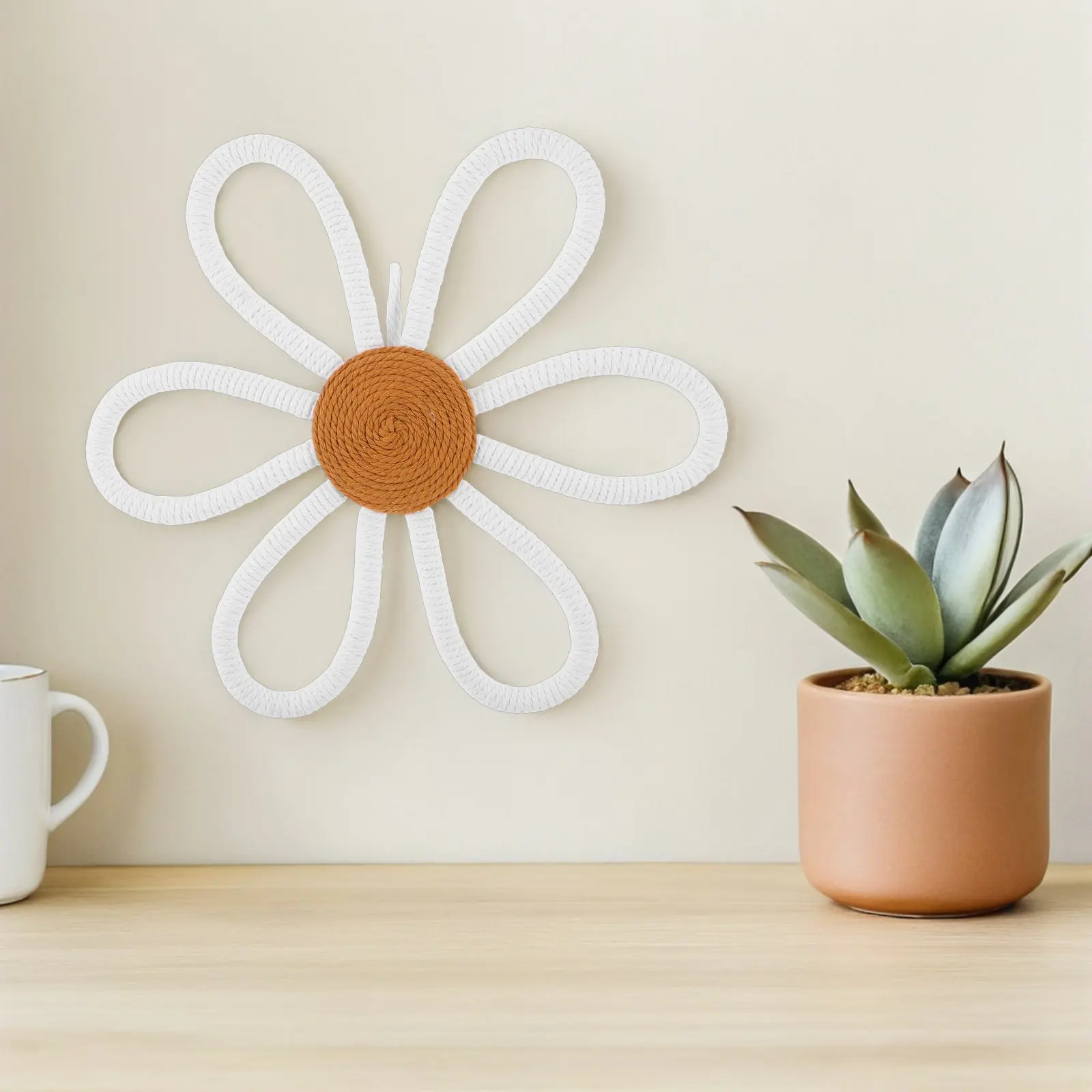 2Pcs Daisy Wall Decor Nursery Room Woven Flower Hanging Art 25Cm Boho Floral Sign Bedroom Aesthetic Girl Nursery Decoration