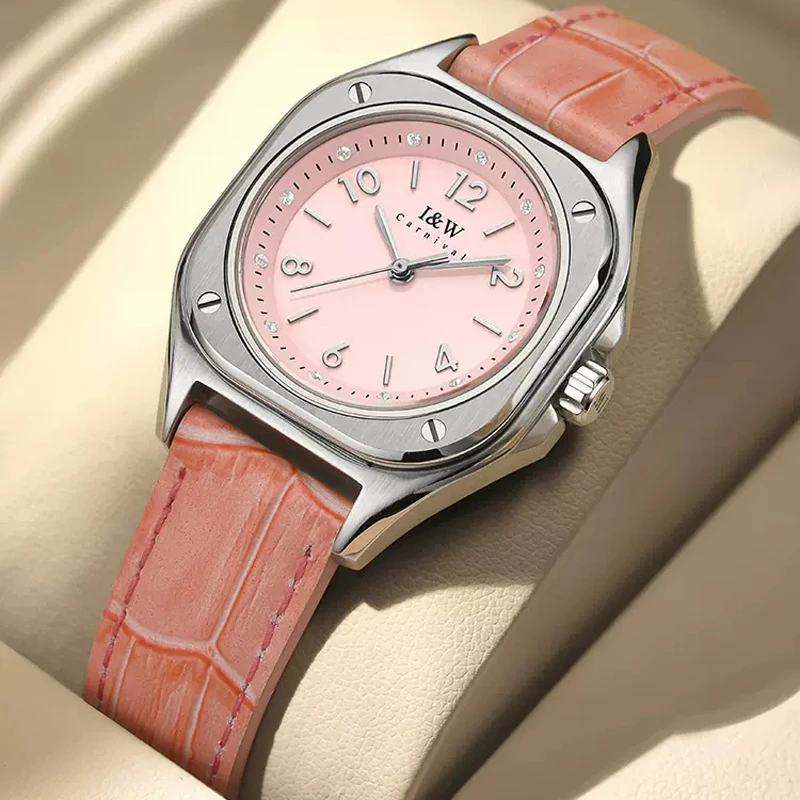 Carnival Brand I&W Series Fashion Pink Quartz Watch Women Luxury High Quality Leather Waterproof Women Wristwatches for Womens