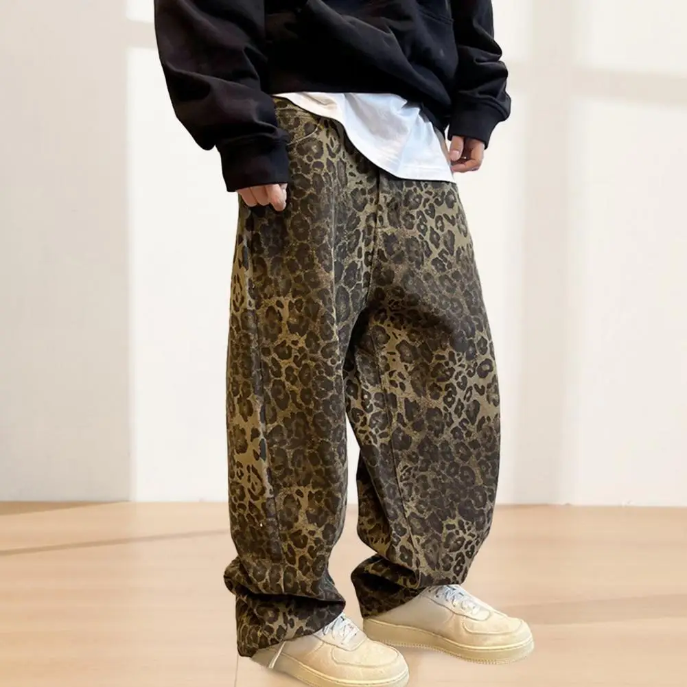 Leopard Print Bottoms Hip-hop Style Pants Retro Hip Hop Leopard Print Men's Pants Loose Fit Soft Breathable Fabric Mid Waist