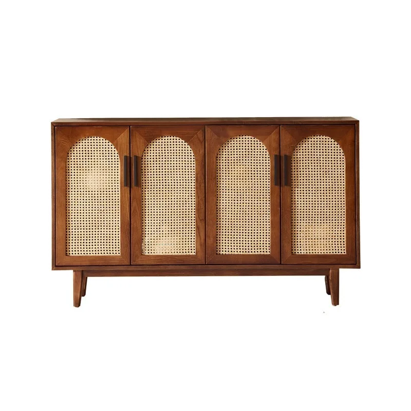 Medieval solid wood rattan dining side cabinet four-door storage cabinet B & B hotel bedroom multi-functional storage cabinet