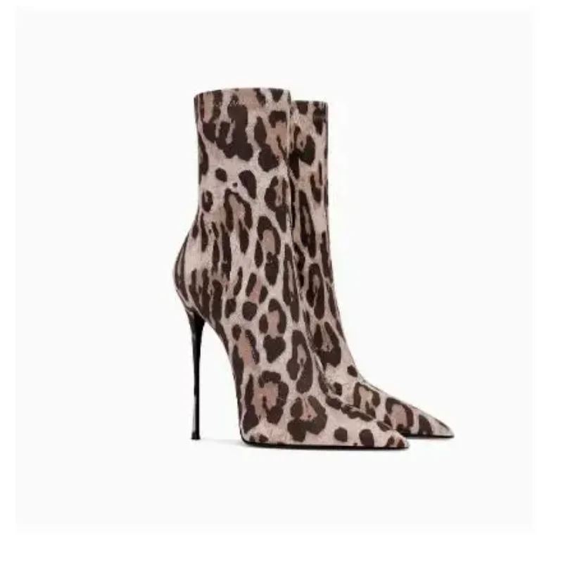 Brown Leopard Print Midsole Boots With Sexy Pointed Toe and High-End Elastic Feel for Women