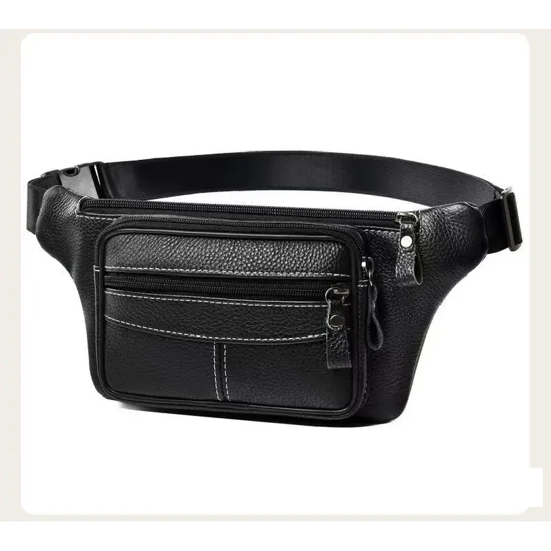 Men's waist bag with multi-layer large capacity real leather chest bags light