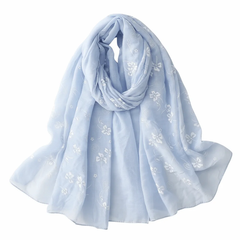 

Retro Foulard Hijab Elegant Thin Sunscreen Shawl Floral Embroidery Plain Design Female Headscarf Spring Summer Autumn for Women