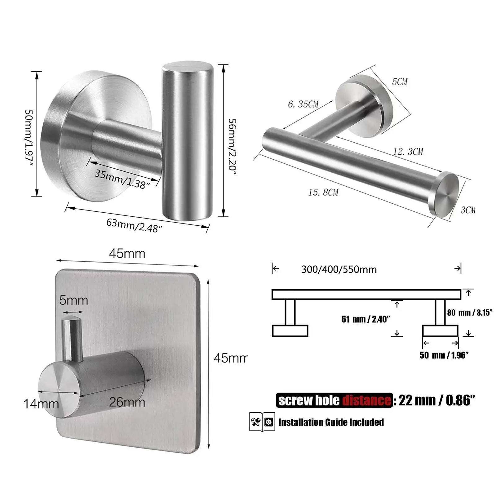 5 Piece Bathroom Hardware Set Stainless Steel Towel Bar Toilet Paper Holder Hooks Wall Mounted
