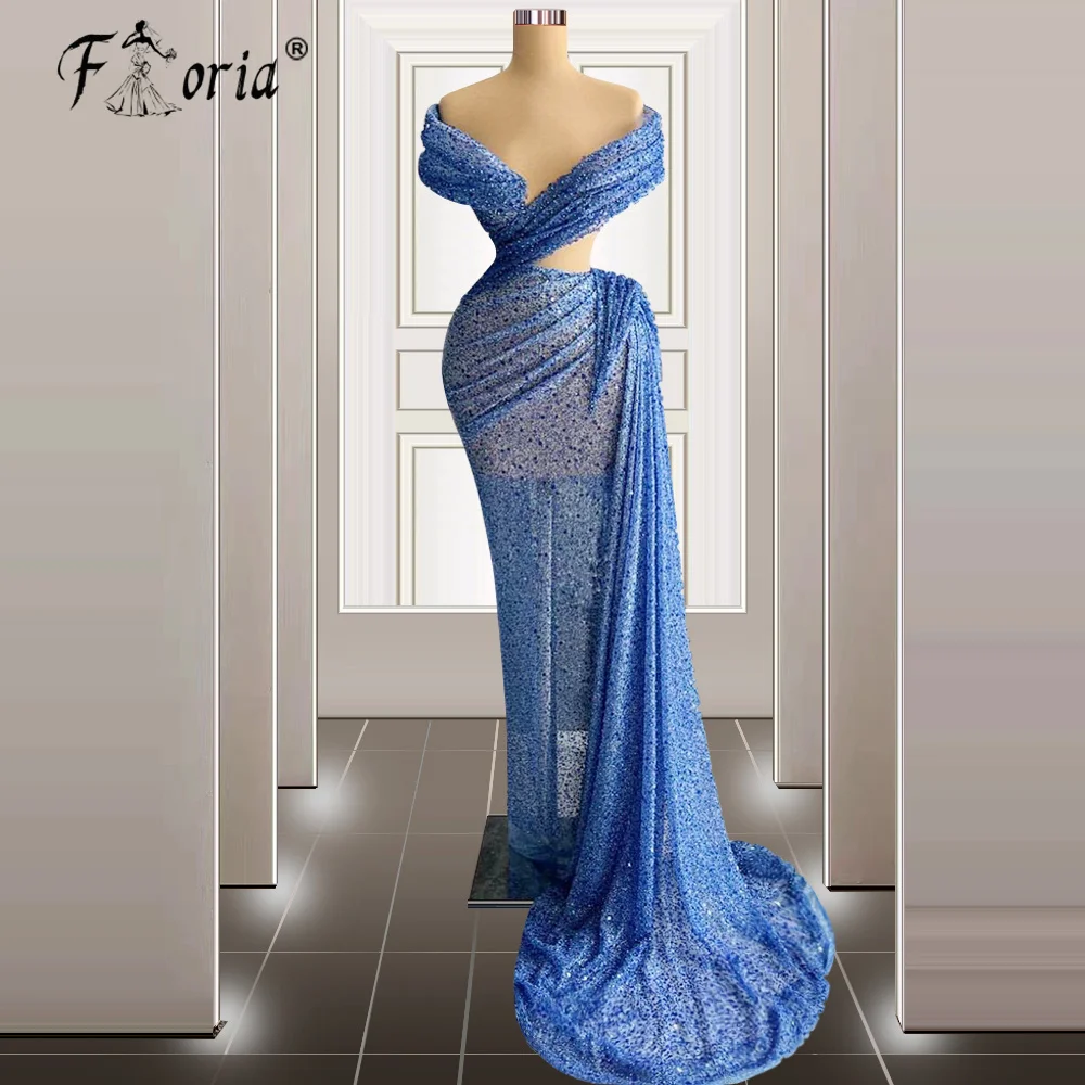 Vestido de noche azul elegante para fiesta, Vestido largo de lujo con cuentas de sirena, Tallas grandes