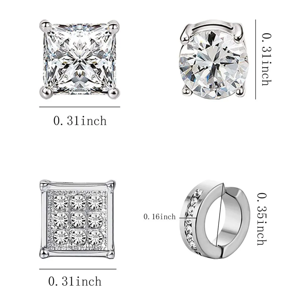 1 Pair Stainless Steel Magnetic Non Piercing Inlaid Cubic Zirconia Stud Earrings Clip on Hoop Earrings Set for Men Women