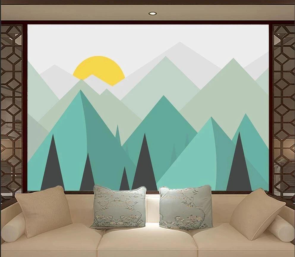 

Customized wallpaper cartoon triangle mountain sun kindergarten children's room mural Living room TV background wall bedroom 3d