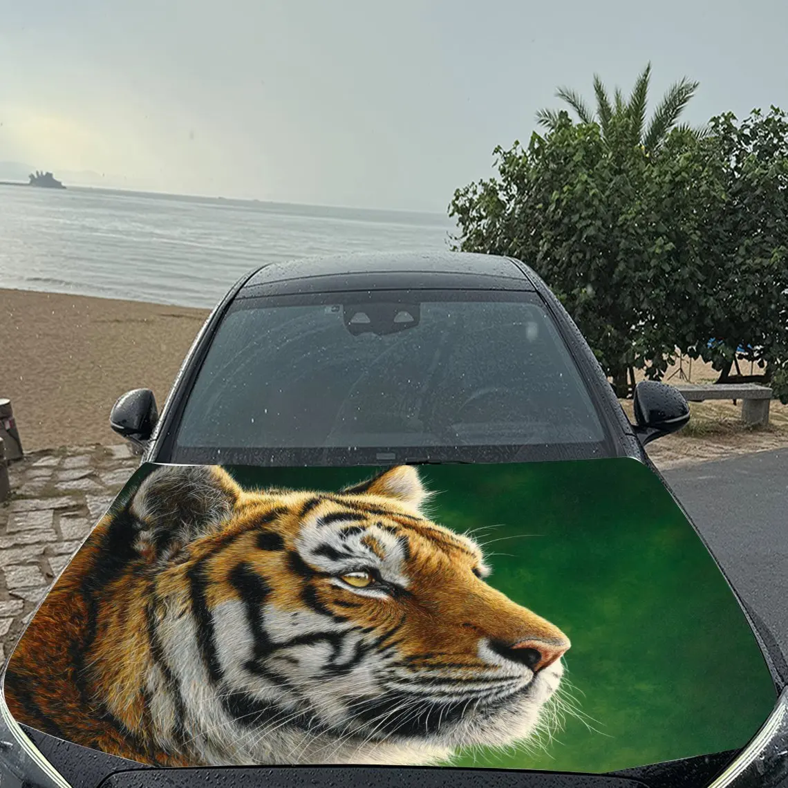 ملصقات سيارة على شكل نمر مع مظهر واقعي وحيوي مقابل ملصق غطاء السيارة بخلفية خضراء، مقاوم للماء ذاتي اللصق من الفينيل