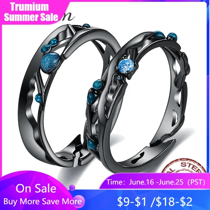 

Trumium CZ Milky Way Black Rings Blue Bright Cubic Zirconia Bands 925 Silver Rings for Women Lover Vintage Bohemian Retro Gift