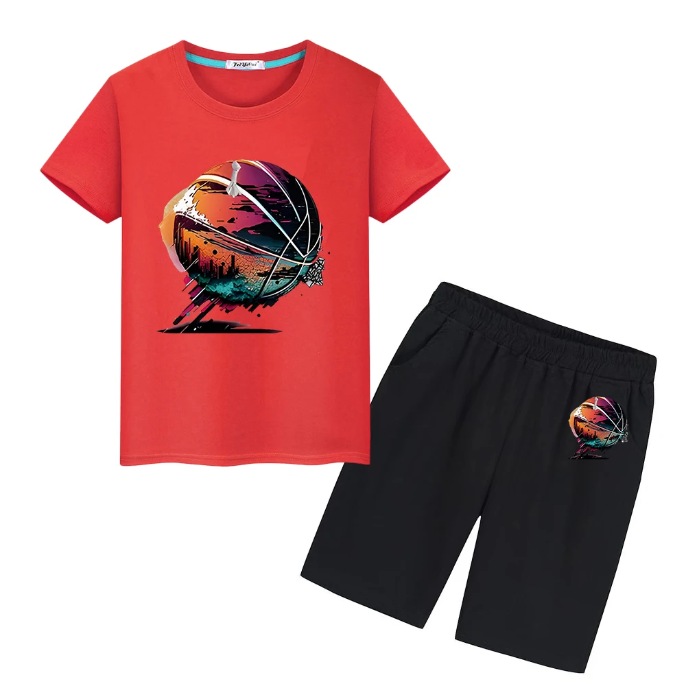 

Basketball Print 100%CottonT-shirt kids boutique clothes Kawaii Tshirts Tops+shorts Summer Cute Tees boys girls Sports Sets