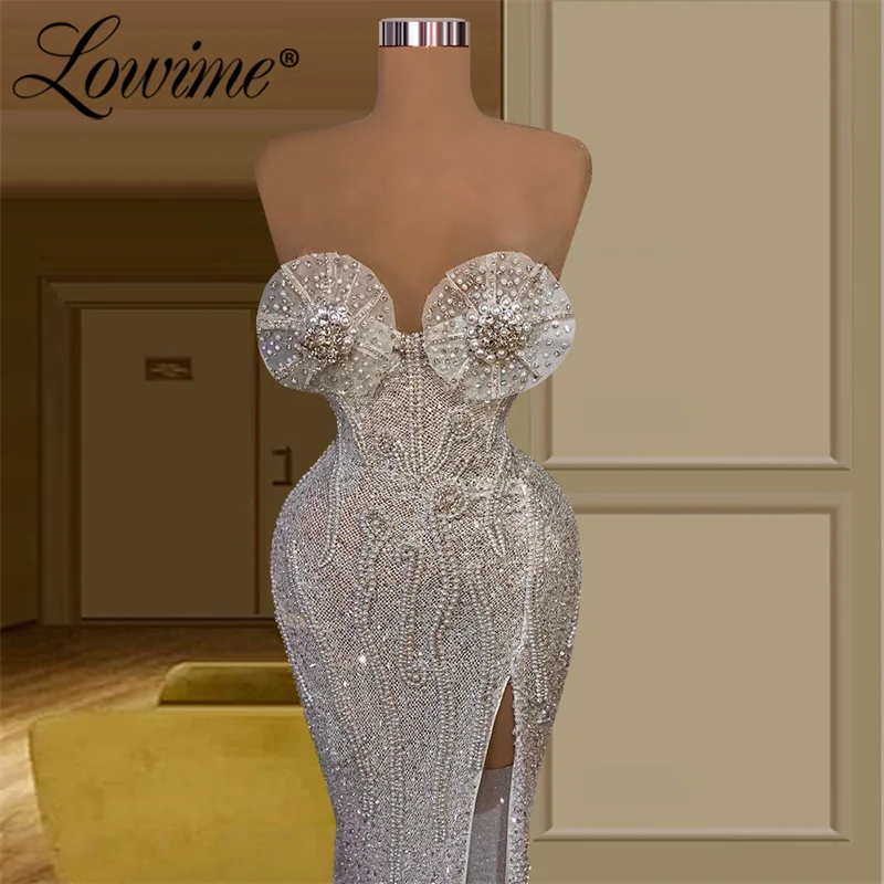 Lowime longo frisado pérolas querida vestidos de festa 2023 couture com alta divisão lado sereia mais vestidos de noite das mulheres vestido de baile