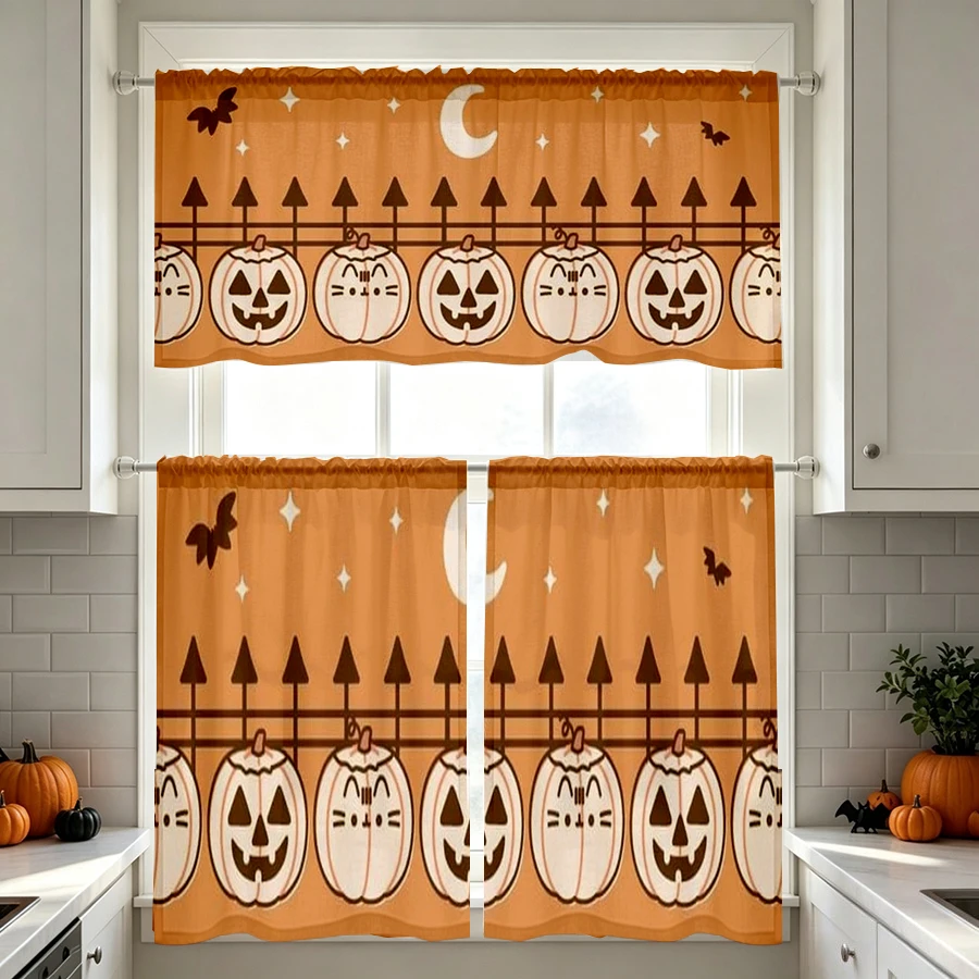 Halloween Fall Kitchen Curtains, Orange Pumpkin Fence Moon, Digital Print, Kitchen Dining Room, Rod Pocket Polyester, Home Decor