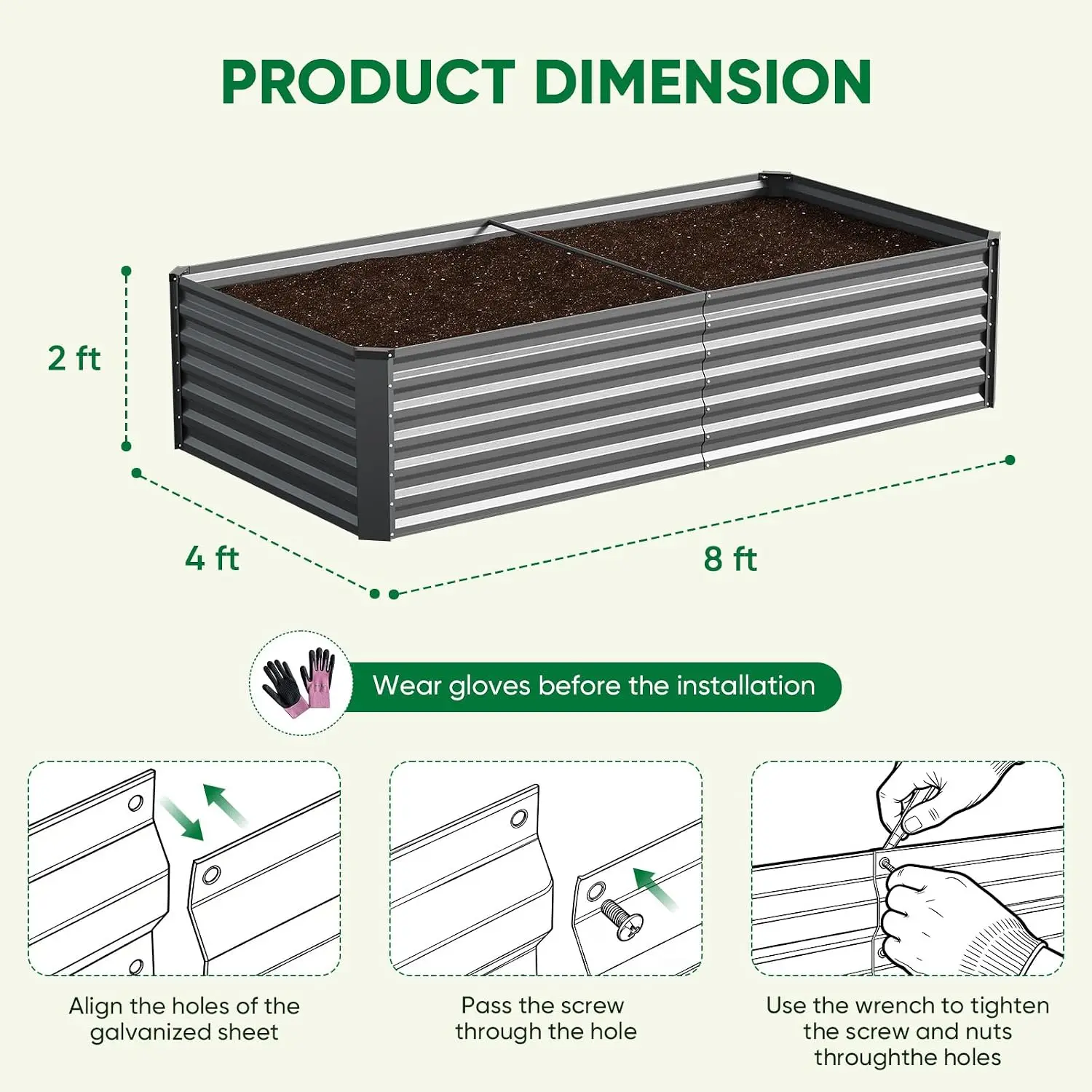 Galvanized Raised Garden Bed Outdoor, 8x4x2ft Large Metal Planter Box for Vegetables, Flowers & Herbs, Deep Root, Customized
