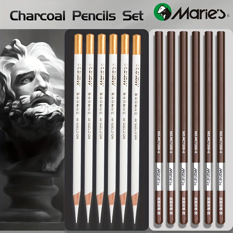 12pcs Marie\'s White Charcoal Pencils Set,Sketch Highlight Pencils,for Sketching,Shading,Blending,Supplies for Beginners,Artists