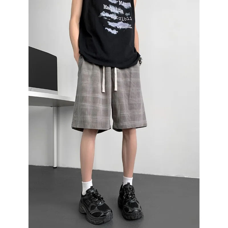 

Men Vintage Plaid Bermuda Shorts Summer Wide Leg Casual Shorts Drawstring Elastic Waist Baggy Streetwear Knee Length Trousers