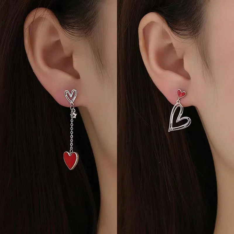 Korean 925 Silver Needle Zircon Asymmetric Heart-shaped Tassel Earrings for Women Fashion Personality Anniversary Party Jewelry