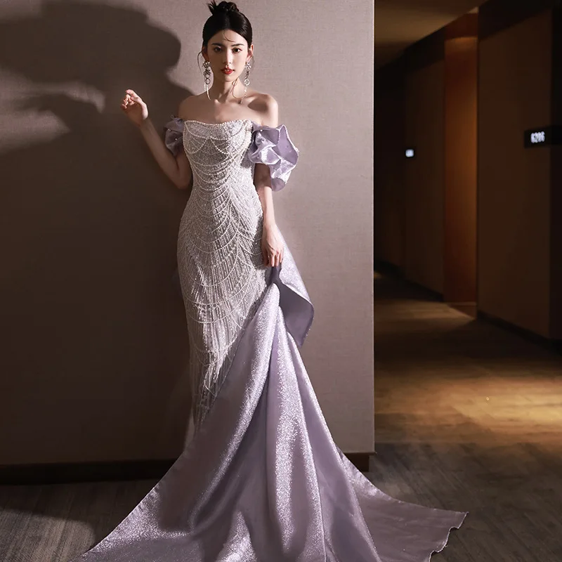 Luxury Mermaid Evening Dresses With Beads Elegant Off The Shoulder Floor-Length Long Prom Dresses With Detachable Train