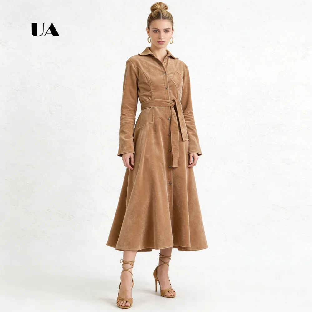 ULBYANRY Velvet A-line Prom Dress with Long Sleeves Solid Turn-down Neck Button Evening Dress Simple Belt Customized Party Gown