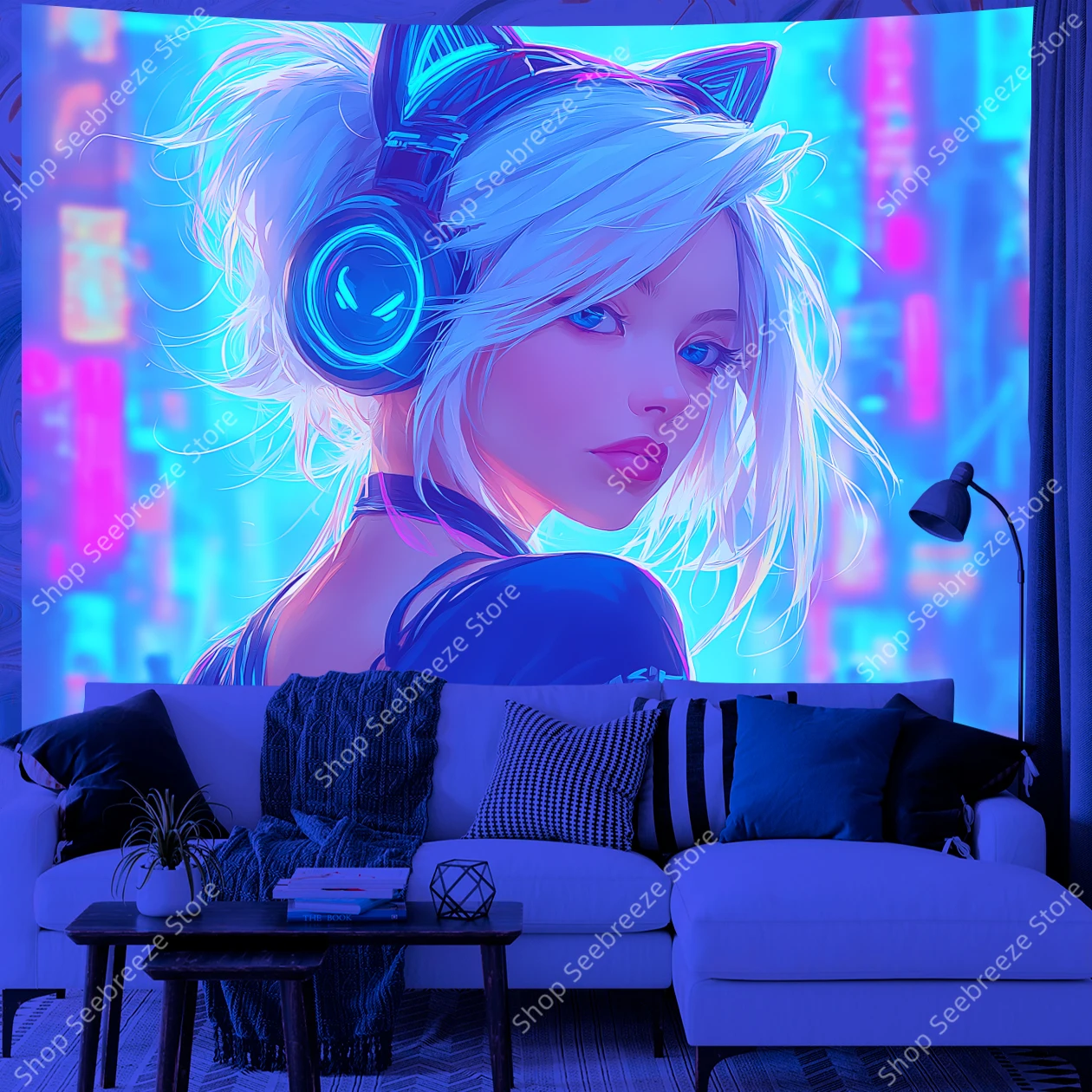 Neon Cyberpunk Girl UV Tapestry with Cat Ear Headphones Futuristic Room Office Decor for Gamers Aesthetic LED Wall Hanging