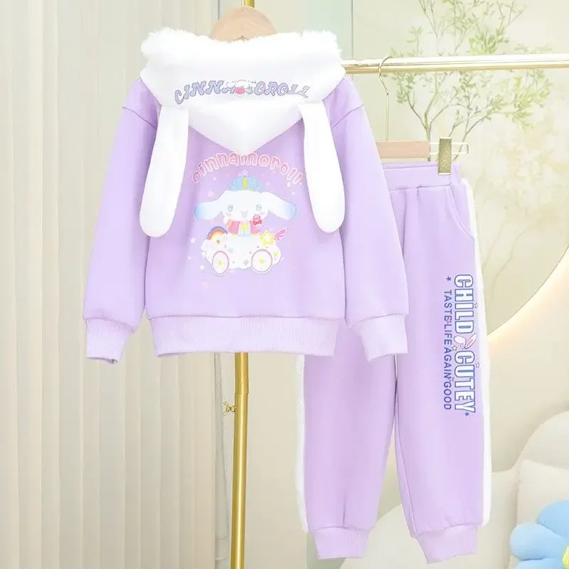 My Melody Anime Kawaii Sanrio Ins conjunto de Abrigo con capucha grueso y pantalones, lindo Cinnamoroll, ropa de dos piezas, regalos para niños, primavera y otoño