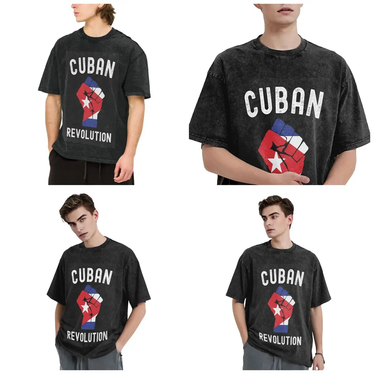 Cuban Revolution Cuba Flag Design Vintage Hip Hop Short Sleeve T-Shirts Washed Tops Tees Streetwear T Shirt for Men woman