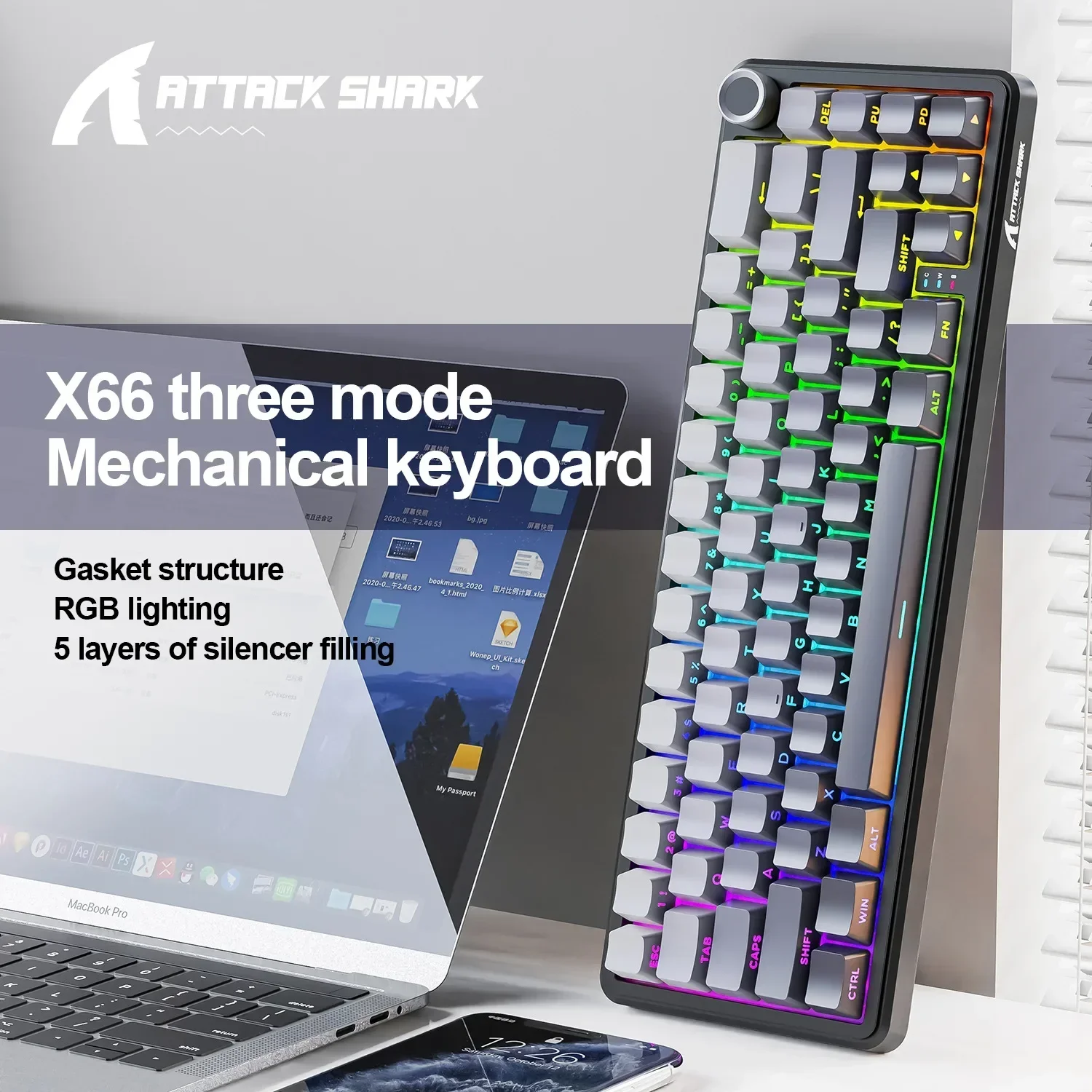 

Беспроводная механическая клавиатура Attack Shark X66, RGB, трехрежимная боковая резная клавиатура для киберспорта, компьютерный аксессуар, подарки для геймеров
