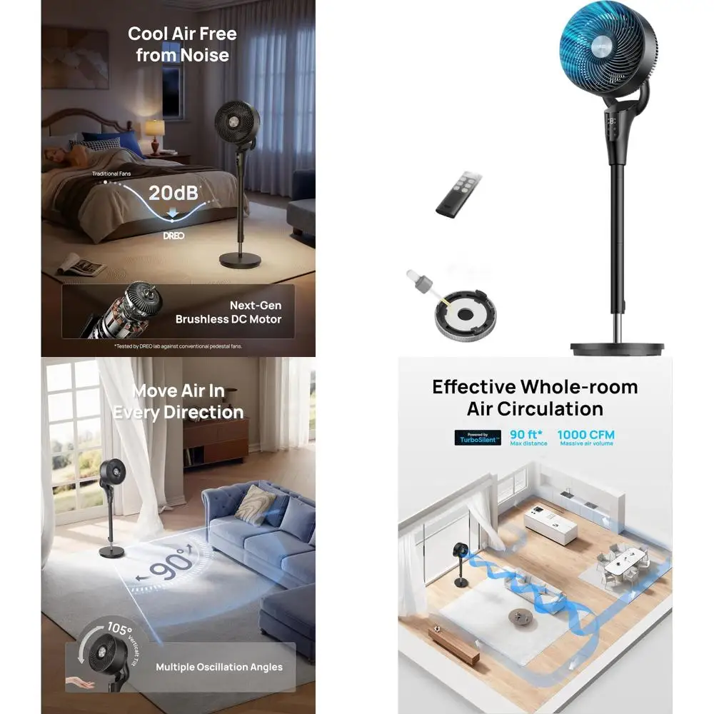 

Усовершенствованный осциллирующий вентилятор 2026 года, поток воздуха 90 футов, бесшумный (20 дБ), 8+ скоростей, 3 режима, регулируемая высота 38-42 дюйма, таймер на 8 часов, 105 ° Наклон, для