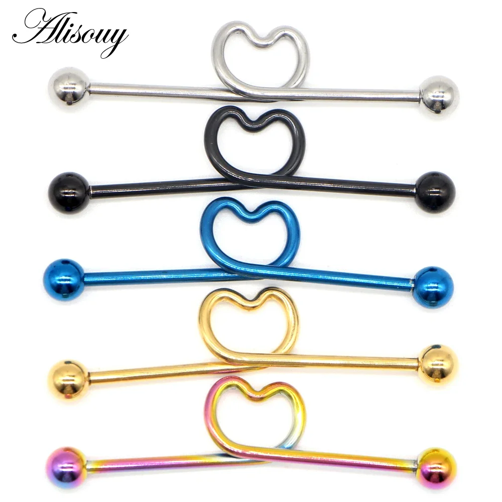 Alisouy 1 PC Romantic ear plug Stainless steel 38mm tunnel jewelry love heart shape Cartilage nail body piercing jewelry 5 color