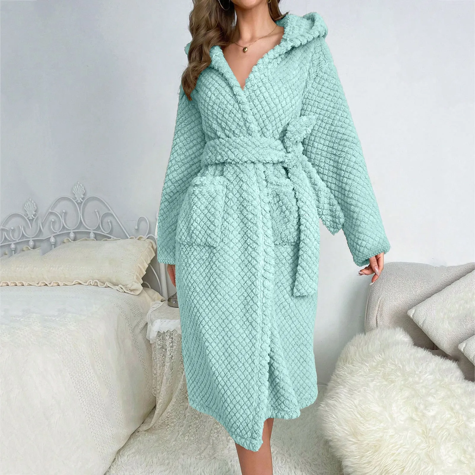 المرأة الصلبة طويلة الأكمام بيجامة فستان ، دافئ ، المرجان الصوف ، سميكة Homewear ، الإناث ، حمام أبيض رداء ، لطيف ، لينة ثوب النوم